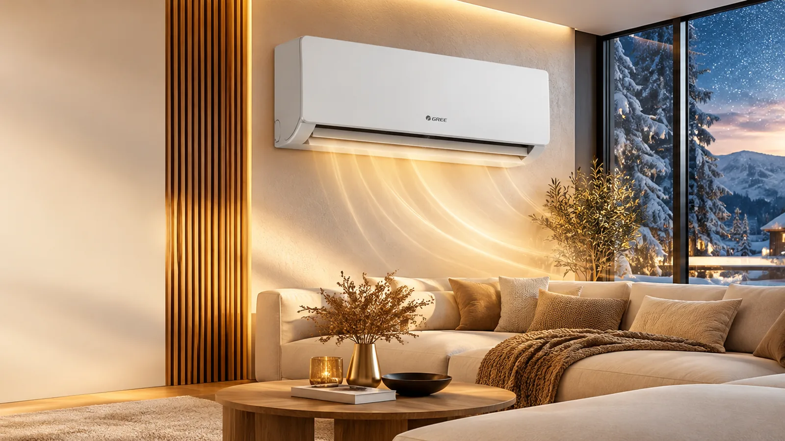 GREE Cosmo 12 в тёплом интерьере зимним вечером