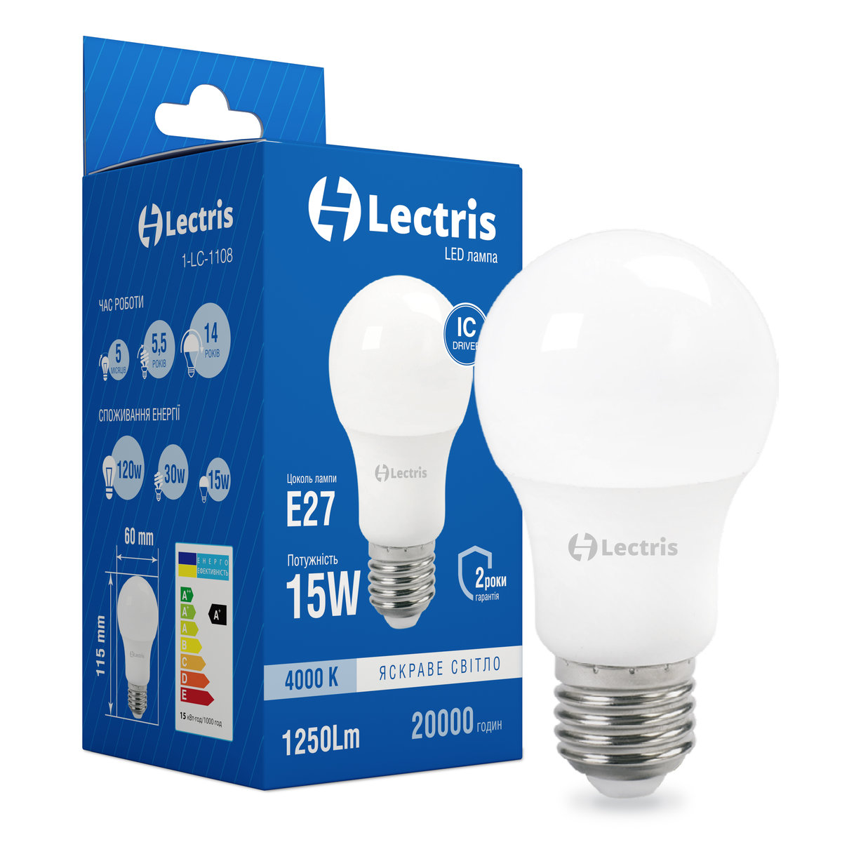 ЛАМПА LECTRIS A60 15W 4000K 220V E27