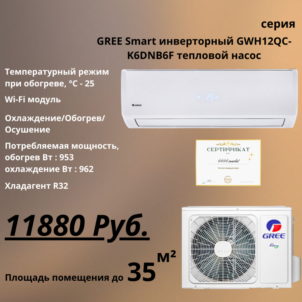 GREE Smart инверторный GWH12QC-K6DNB6F/I-GWH12AFC-K6DNA2F/O тепловой насос — фото 1