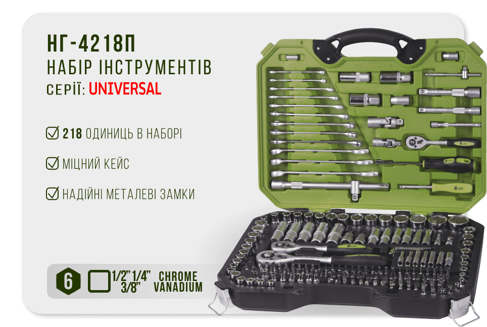 Универсальный набор инструмента Alloid НГ-4218П, 1/4", 3/8" и 1/2", 218 предметов — фото 1