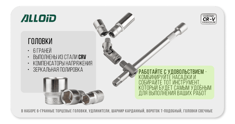 Набор головок Alloid 1/4", 46 предметов (4–14 мм), в кейсе — фото 4