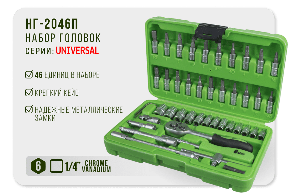 Набор головок Alloid 1/4", 46 предметов (4–14 мм), в кейсе — фото 1