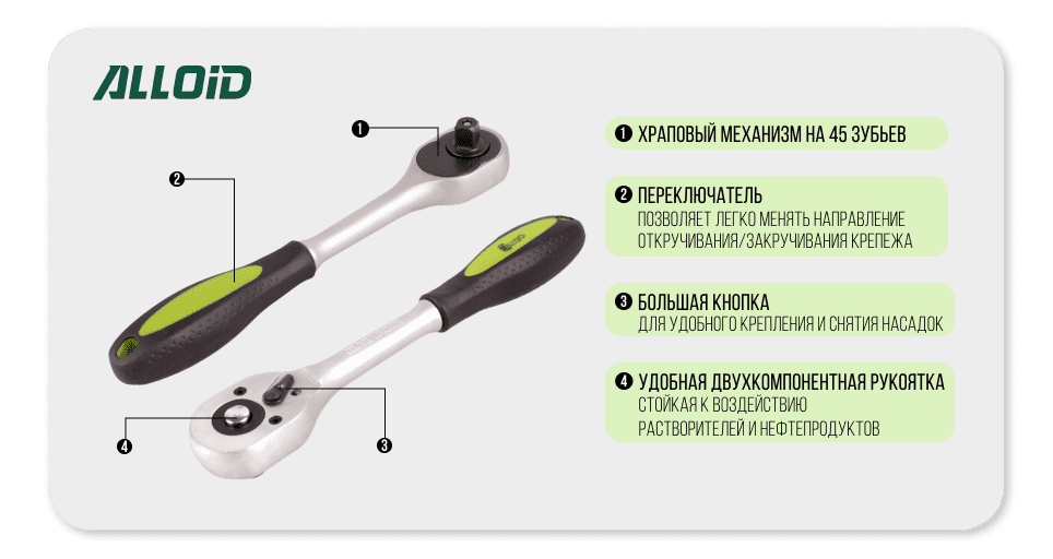 Набор головок Alloid 1/4", 46 предметов (4–14 мм), в кейсе — фото 3