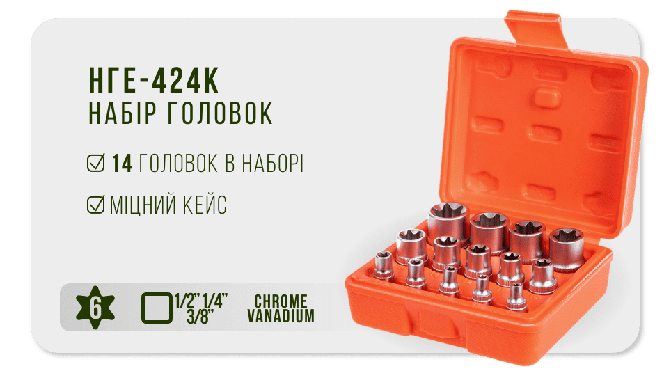 Набор головок Torx Alloid E4–E24, 1/4"–3/8"–1/2", 14 предметов — фото 2