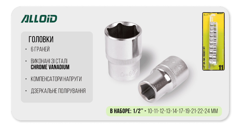 Набор торцевых головок Alloid 1/2" DR 10–24 мм, 11 предметов, блистер — фото 3
