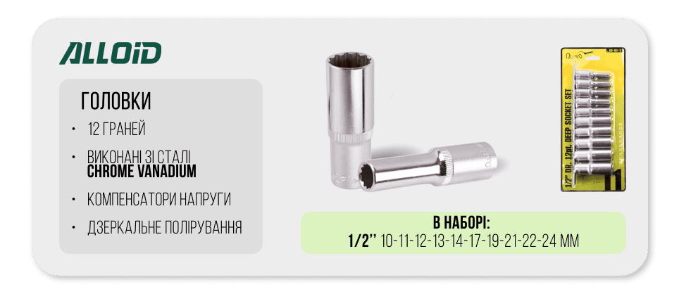 Набор глубоких головок Alloid 1/2" на планке 10–24 мм, 11 предметов — фото 4