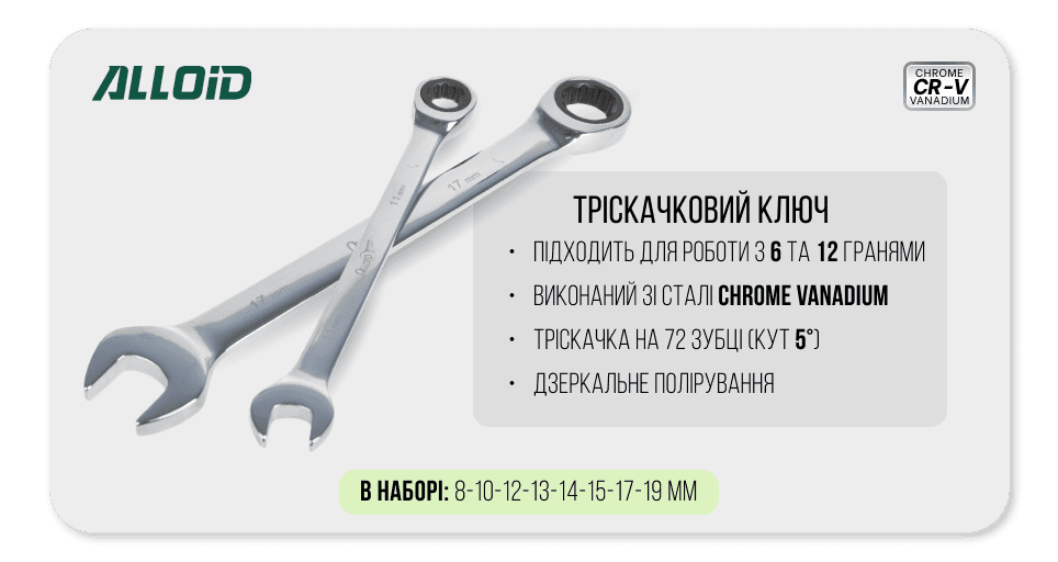 Набор трещоточных комбинированных ключей Alloid 8–19 мм, 8 предметов — фото 4