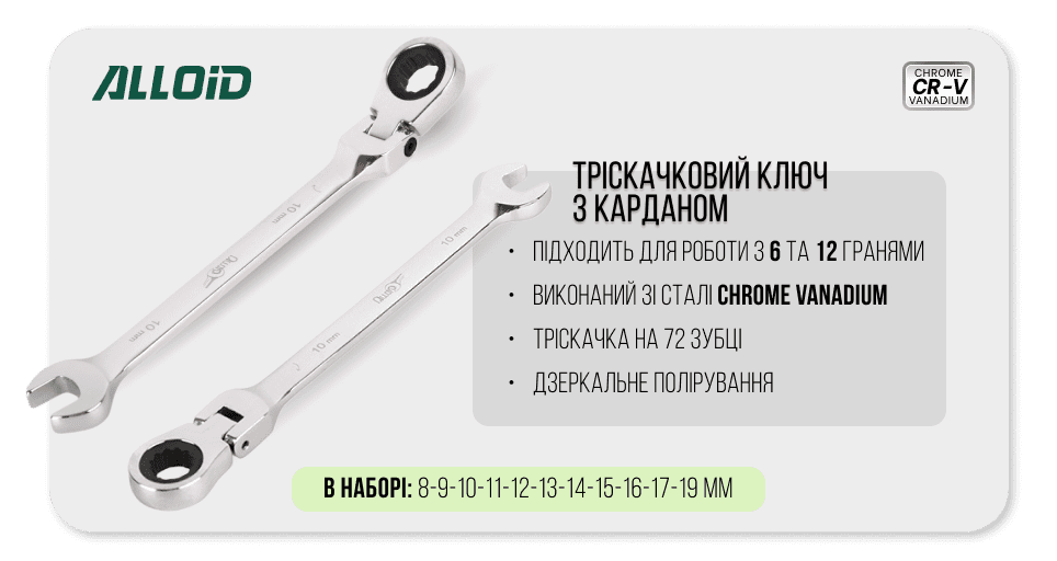 Набор трещоточных ключей с карданом Alloid 8–19 мм, 11 предметов — фото 4