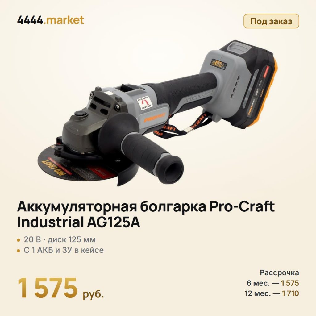 Аккумуляторная болгарка Pro-Craft Industrial AG125A, с 1 аккумулятором и зарядным устройством в кейсе — фото 1