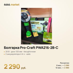 Аккумуляторная бесщёточная болгарка Pro-Craft PWA216-2B-C, 20 В, диск 125 мм