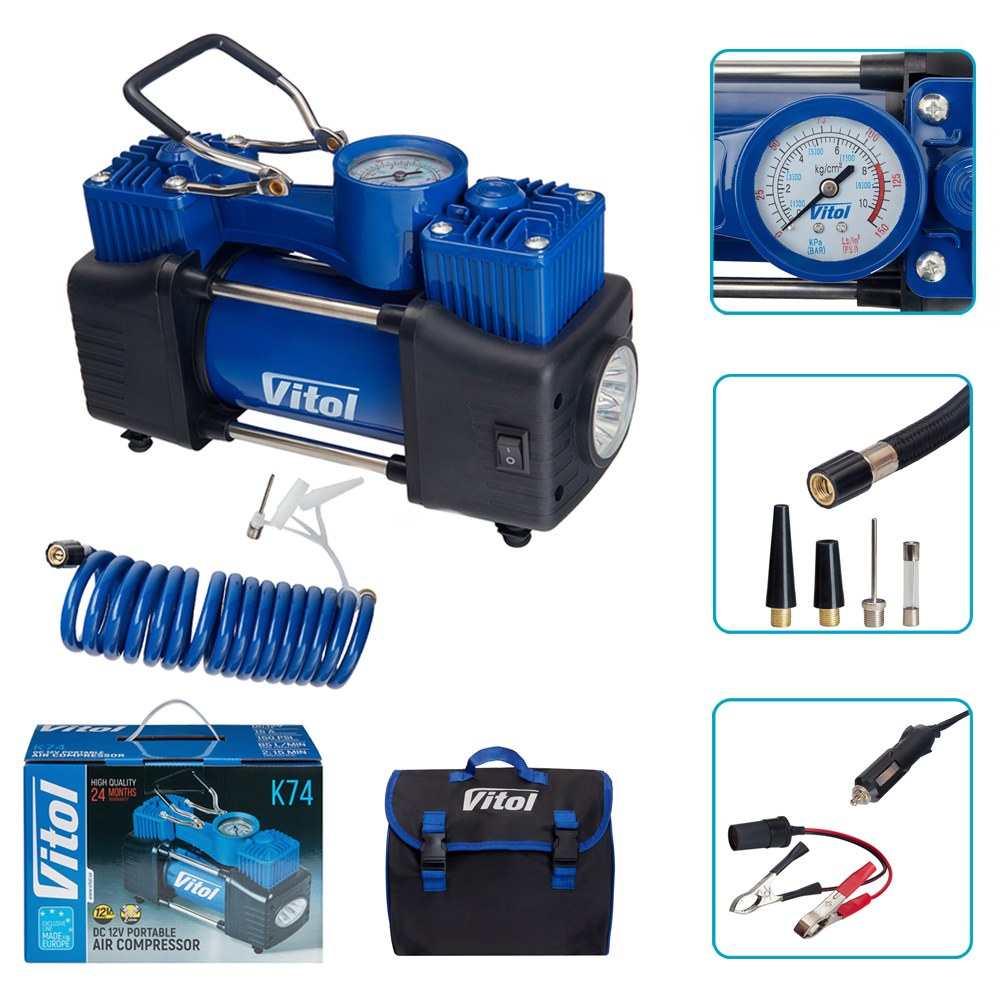 Компрессор ViTOL K-74 150 psi, 15 А, 85 л/мин, 2 цилиндра — фото 2