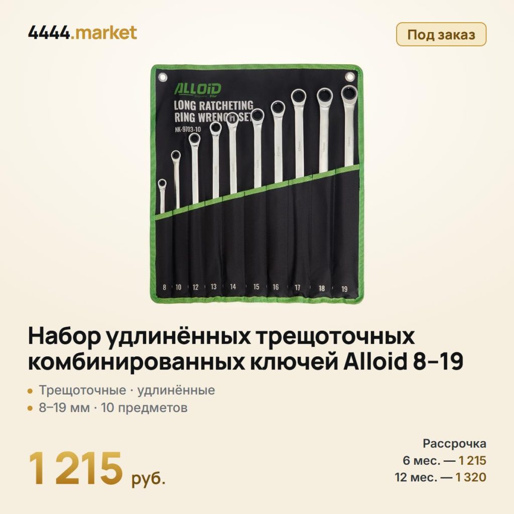 Набор удлинённых трещоточных комбинированных ключей Alloid 8–19 мм, 10 предметов — фото 1
